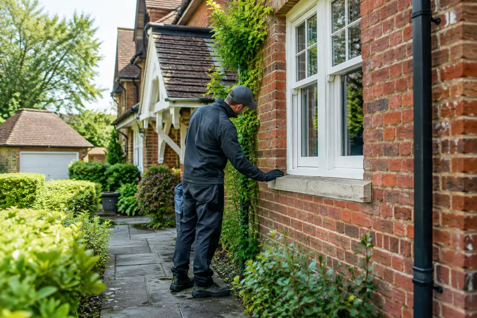 Exterior surfaces being assessed beside a brick house