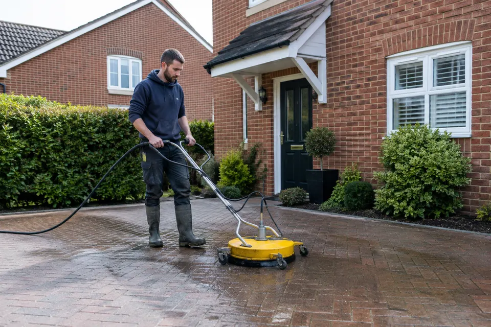 A block paved driveway being cleaned