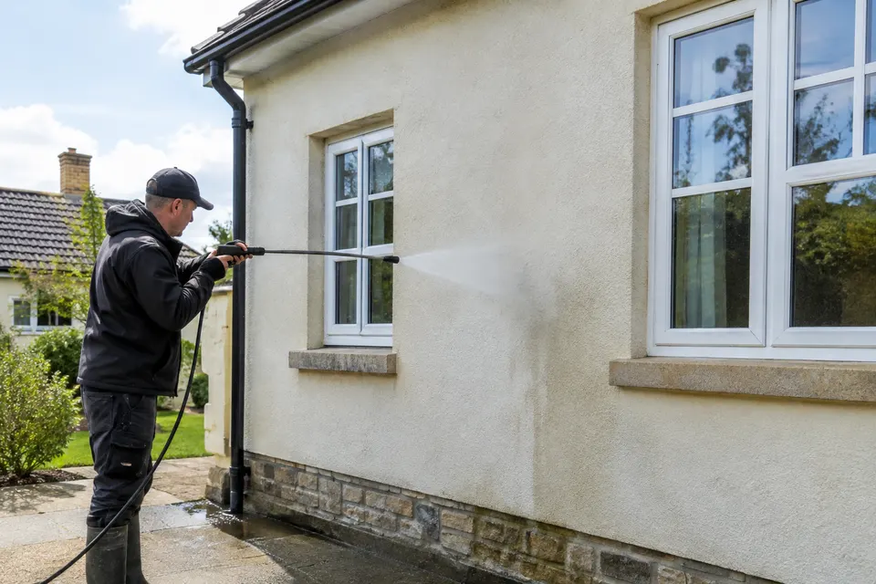 An exterior wall being washed with a hose
